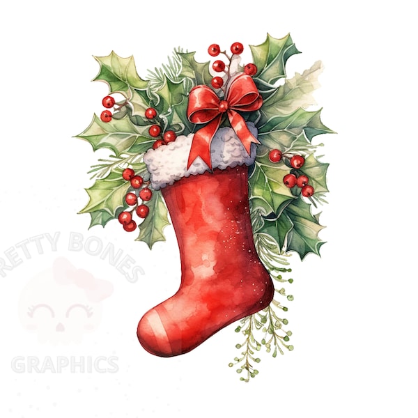 Christmas Stocking Clipart, PNG Instant Download File, Watercolour Christmas Digital Design For Crafting