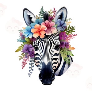 Zebra Sublimation Clipart, PNG Digital Download File, Card Making, Printable Art, Zebra Portrait With Flowers Digital Design