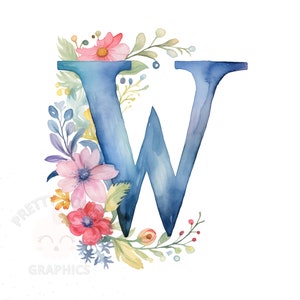 Clipart floral da letra W do alfabeto, arquivo de download instantâneo PNG, design digital para elaboração