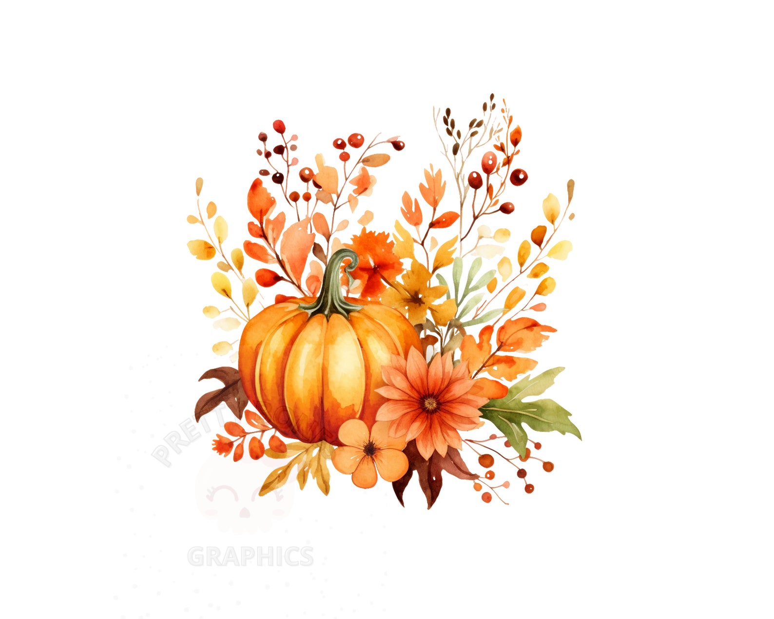Watercolor Fall Clipart No2, PNG Instant Download File, Floral Pumpkin ...