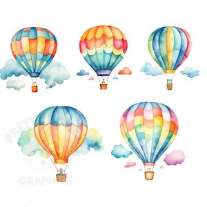 Pacote de clipart de balão de ar quente, 5 arquivos PNG para download instantâneo, design digital para elaboração, confecção de cartões, arte para impressão