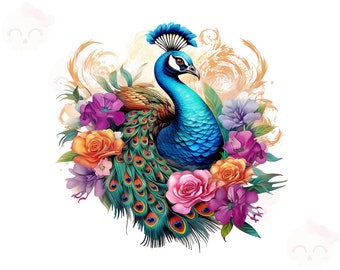 Peacock clipart, PNG digitaal downloadbestand, Peacock met bloemen sublimatie ontwerp, digitale papier ambachtelijke, afdrukbare kunst