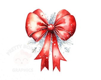 Christmas Watercolour Red Bow, PNG Instant Download File, Digital Design For Crafting, Christmas Decoration Clipart