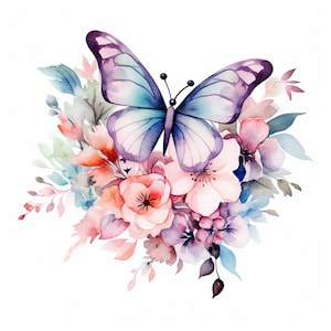Clipart papillon floral aquarelle, téléchargement numérique JPG, fabrication de cartes, cliparts scrapbooking, créations numériques en papier