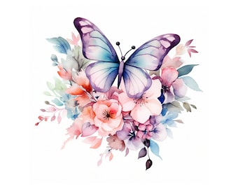 Watercolor Floral Butterfly Clipart, JPG Digital Download,  Card Making, Scrapbook Clipart, Digital Paper Craft