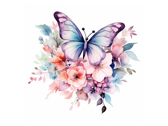 Watercolor Floral Butterfly Clipart, JPG Digital Download, Card