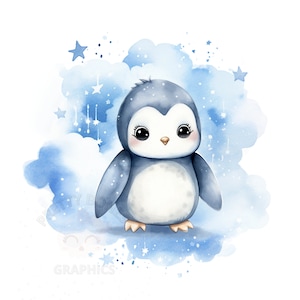 Aquarelle bébé pingouin Clipart, fichier de téléchargement instantané PNG, conception numérique pour l’artisanat, pépinière Art