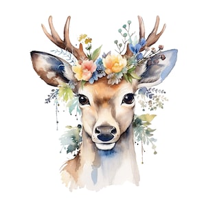 Aquarell Hirsch Portrait Clipart, PNG sofortiger Download Datei, digitales Papier Handwerk, Karte machen Clipart, gemischte Medien, druckbare Kunst