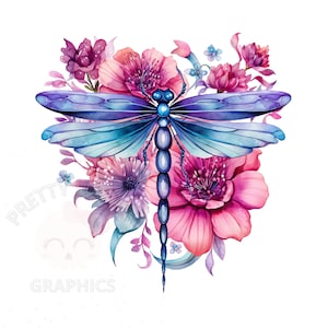 Dragonfly Clipart Bundle, 5 PNG Instant Download Files, Floral Dragonfly Digital Design For Crafting, Printable Art