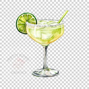 May include: A green margarita cocktail in a glass with a salted rim, garnished with a lime wedge and a straw.