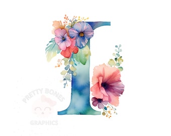 May include: Watercolor illustration of the letter I decorated with blue, pink, and purple flowers. The letter is painted in shades of blue and green.