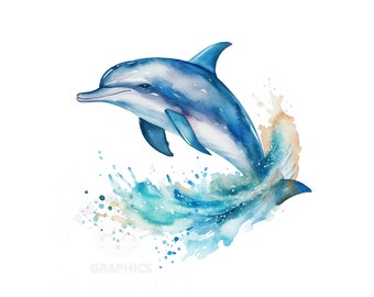 Watercolor Dolphin, PNG Instant Download Clipart, Digital Design For Crafting, Printable Art