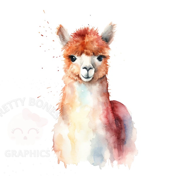 Watercolor Alpaca Portrait, PNG Instant Download File, Alpaca Printable Art, Digital Paper Craft