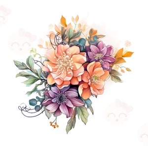 May include: A bouquet of flowers with orange, pink, and purple blooms. The flowers are arranged in a loose, natural style and are surrounded by green leaves.