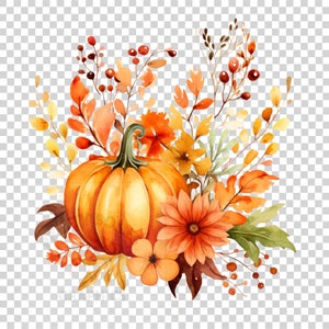 Watercolor Fall Clipart No2, PNG Instant Download File, Floral Pumpkin ...