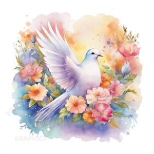 Watercolor Floral Dove Clipart, PNG Instant Download File, Dove Digital Design For Crafting, Printable Art