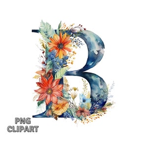 Clipart alfabeto floreale, lettera B #1, download istantaneo PNG, file digitale per artigianato, clipart acquerello, creazione di carta digitale, scrapbooking