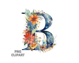 May include: Watercolor illustration of the letter B decorated with blue, orange, and yellow flowers. The letter is outlined in black and has a watercolor wash of blue.