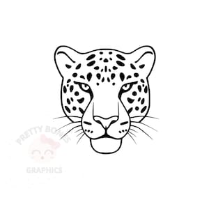 May include: A black and white illustration of a leopard's face. The leopard's face is centered, with detailed spots and whiskers. The image has the text "PRETTY BON" and "GRAPHICS" in the lower left corner.