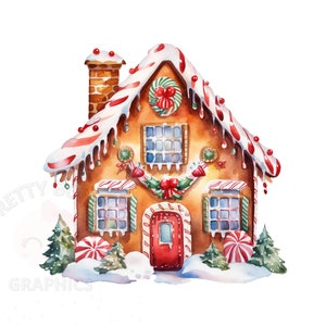 Gingerbread House Clipart, PNG Digital Download File, Watercolor Christmas Digital Design, Printable Art