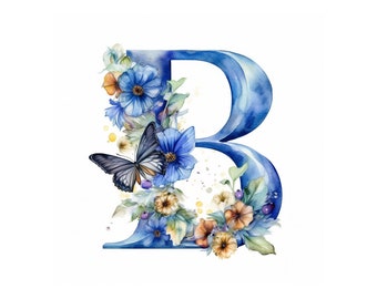 May include: Watercolor illustration of the letter B decorated with blue and yellow flowers, green leaves, and a butterfly.