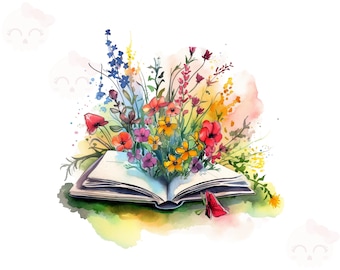 May include: An open book with a watercolour painting of colourful flowers growing from the pages. The flowers are red, yellow, pink, purple, and blue. The background is a watercolour wash of yellow, orange, and pink.