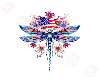 American Patriotic Dragonfly Clipart, PNG Instant Download File, 4th of July Clipart, Card Making, Dragonfly Sublimation Design