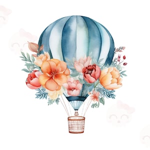 Watercolor Hot Air Balloon Clipart, PNG Instant Download File, Digital Paper Craft, Printable Art