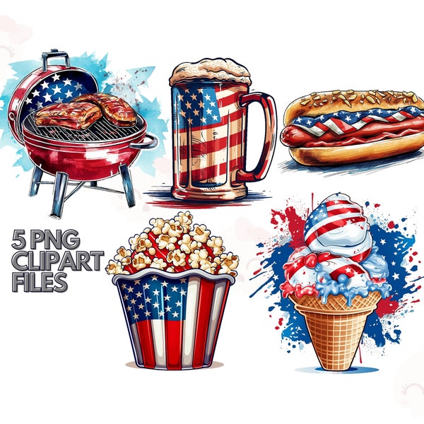 American Patriotic Food Bundle, 5 PNG Digital Download Files, 4th of July Clipart, Card Making, Food Digital Design