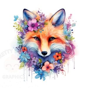 Clipart de renard floral aquarelle, fichier de téléchargement instantané PNG, artisanat en papier numérique, fabrication de cartes, Art imprimable