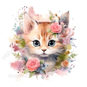 Op de afbeelding: Een aquarel schilderij van een schattig oranje en wit kitten met blauwe ogen. Het kitten is omringd door roze, witte en blauwe bloemen. De achtergrond is een zachte roze en witte aquarel was.
