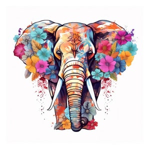 Clipart éléphant, fichier de téléchargement instantané JPG, artisanat en papier numérique, éléphant floral, fabrication de cartes, art imprimable
