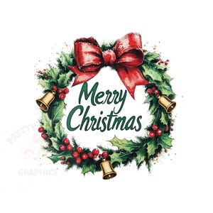 Merry Christmas Wreath Clipart, Watercolor PNG Instant Download File, Digital Paper Craft, Printable Art