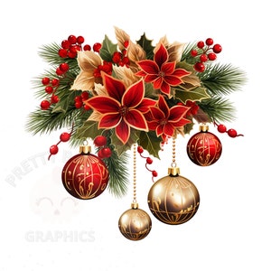 Christmas Decoration Clipart, PNG Instant Download File, Christmas Wreath And Baubles, Digital Design For Crafting