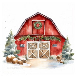 Christmas Barn Clipart, JPG Instant Download File For Printing,  Watercolor Digital Design