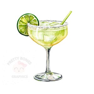 May include: A watercolor illustration of a margarita cocktail in a glass with a salted rim. The drink is garnished with a lime wedge and a green straw.