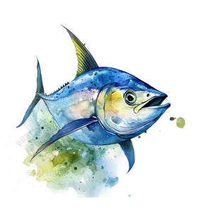 Watercolor Blue Fin Tuna Clipart, PNG Instant Download File, Digital Design For Crafting, Printable Art