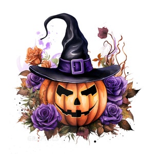 May include: A watercolor illustration of a jack-o'-lantern wearing a black witch hat with a purple band. The pumpkin is surrounded by purple and orange roses and leaves.