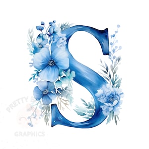 Alphabet floral bleu lettre S Clipart, fichier PNG à téléchargement immédiat, conception numérique pour l'artisanat