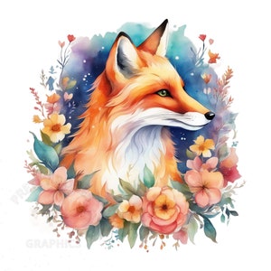 Watercolor Floral Fox Clipart, PNG Instant Download File, Digital Design For Crafting, Printable Fantasy Art