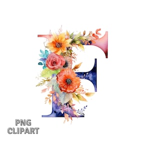 Clipart de alfabeto floral, letra F # 1, download instantâneo PNG, arquivo digital para artesanato, clipart em aquarela, artesanato em papel digital, álbum de recortes