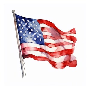 May include: A watercolor painting of an American flag waving in the wind. The flag is red, white, and blue with 13 stripes and 50 stars.