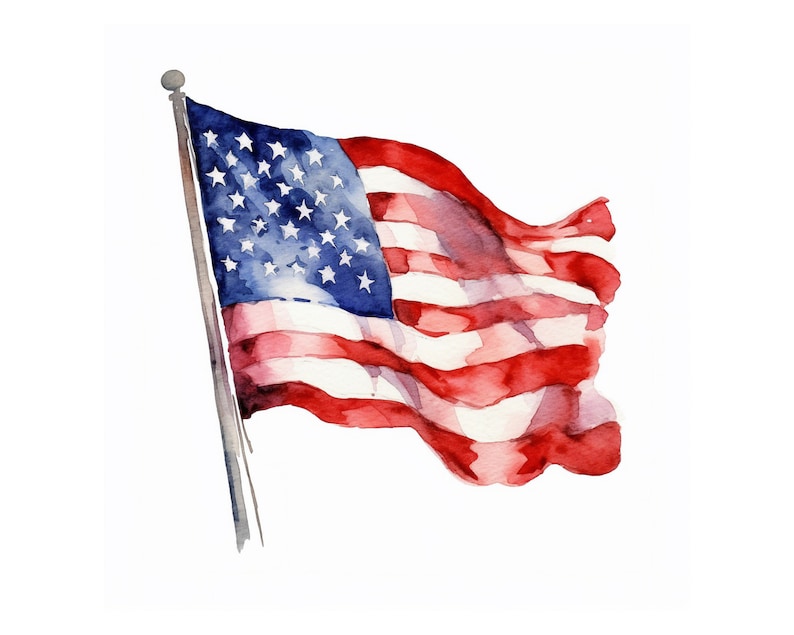 May include: A watercolor painting of an American flag waving in the wind. The flag is red, white, and blue with 13 stripes and 50 stars.