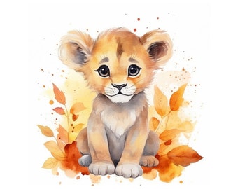 Watercolor Lion Cub Clipart No.2, JPG Digital Download, Card Making, Scrapbook Clipart, Digital Paper Craft, Journaling, Nursery Design