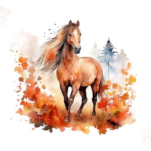 Watercolor Horse Clipart, PNG Instant Download File, Beautiful Horse In Autumn Scene, Card Making Clipart