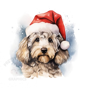 May include: A watercolor painting of a brown and white dog wearing a red Santa hat. The dog is looking at the viewer with a sweet expression. The background is a light blue watercolor wash with white speckles.
