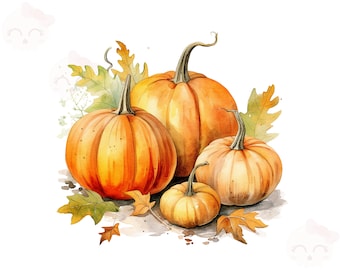 Watercolor Pumpkin Clipart, PNG Instant Download File, Fall Pumpkin Digital Design, Card Making, Printable Art