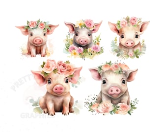 Floral Piglet Clipart Bundle, 5 PNG Instant Download Files, Cute Piglet Digital Design, Card Making, Printable Art