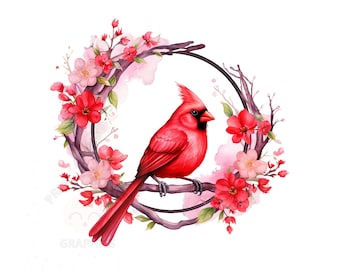 Red Cardinal Frame Clipart, PNG Instant Download File, Floral Bird Digital Design, Printable Art