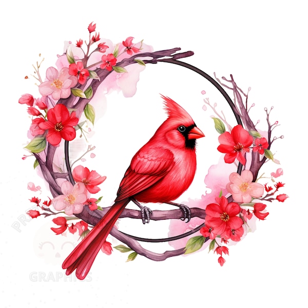 Red Cardinal Frame Clipart, PNG Instant Download File, Floral Bird Digital Design, Printable Art